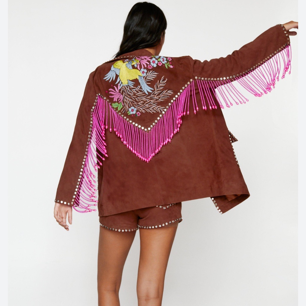 Nasty Gal Womens Real Suede Embroidered Back Fringe Jacket